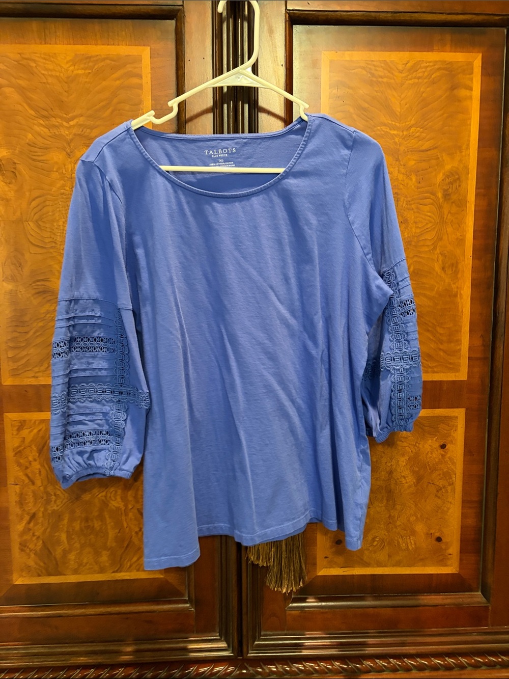 Talbots Periwinkle Blue Scoop Neck Top with Crochet Elbow Sleeves